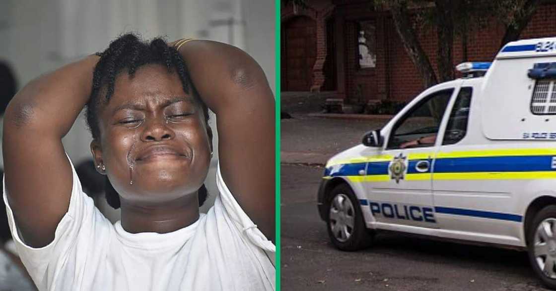 A woman crying and police van A woman crying and police van