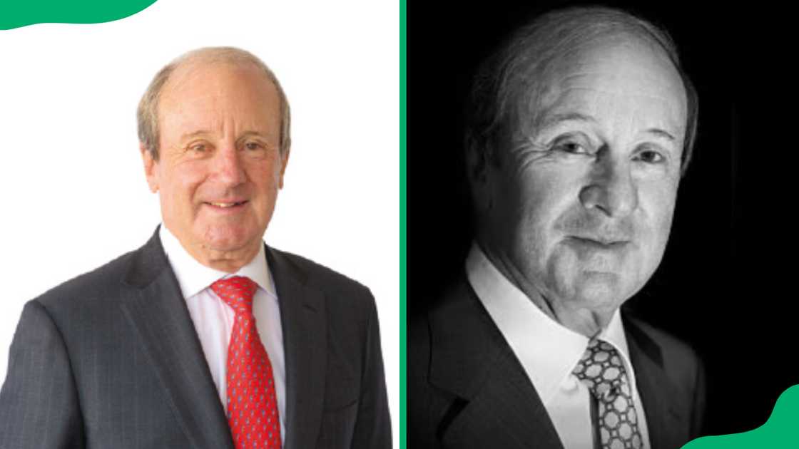 Desmond Sacco the South African billionaire in a black and white suit with a red tie and in a black and white portrait.