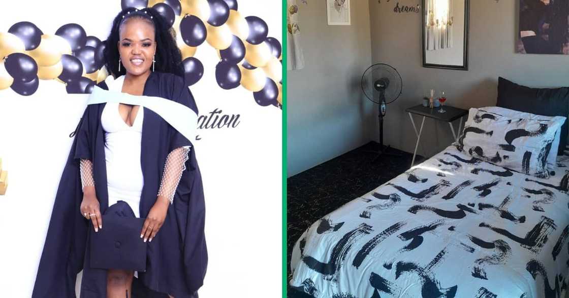 A woman who showed off her bedroom that had black and white decor. A woman who showed off her bedroom that had black and white decor.