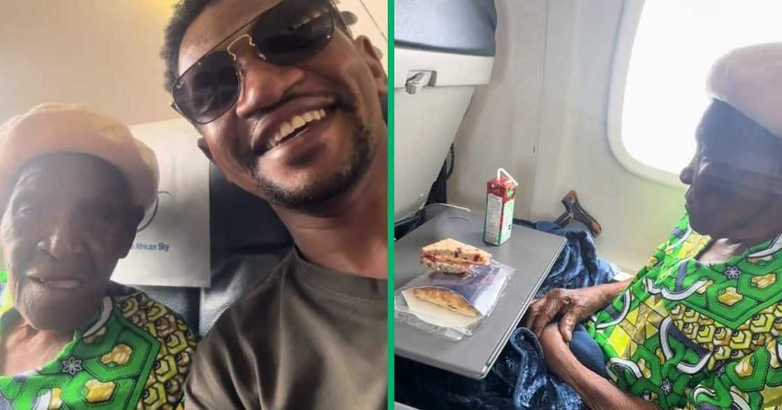 Grandmother and grandson travelled by plane Grandmother and grandson travelled by plane