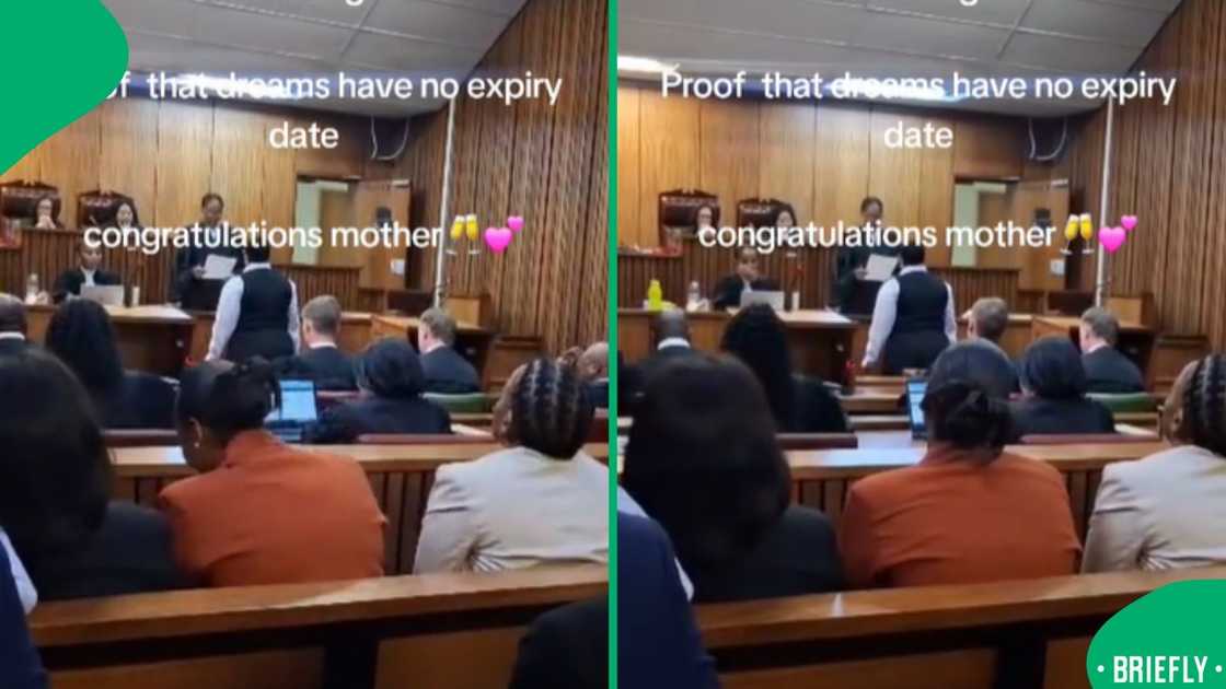 The visual on the right captured the court full of witnesses and attorneys