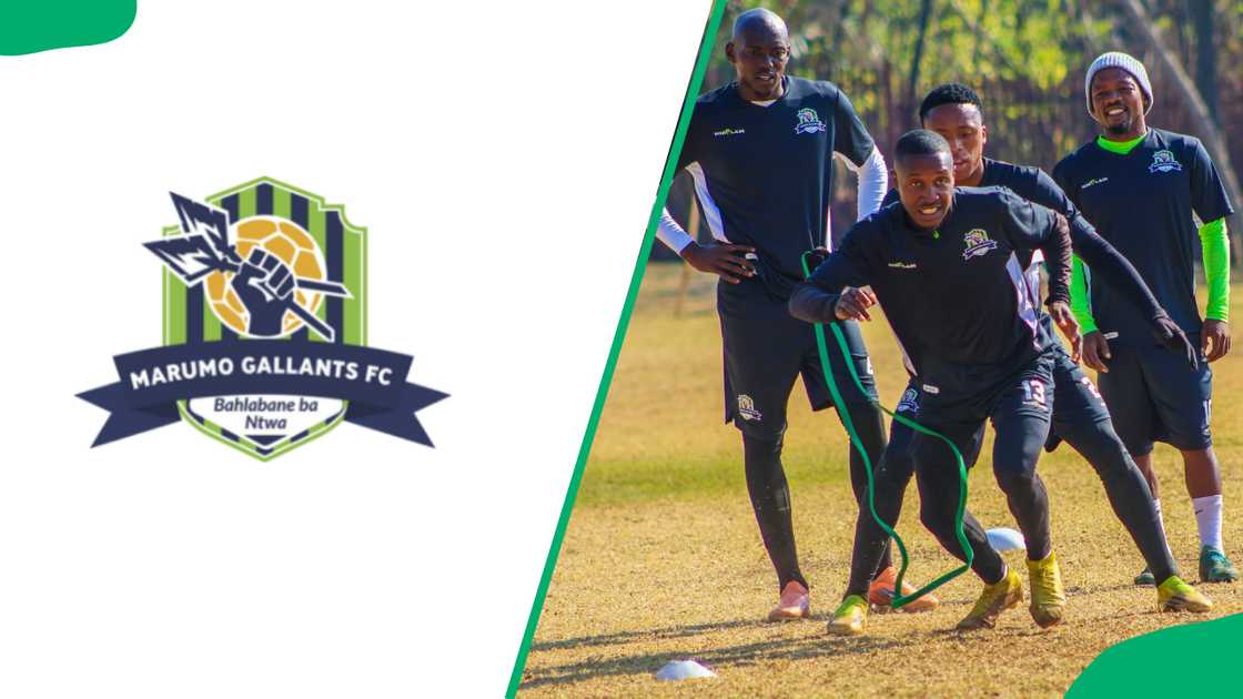 The Marumo Gallants FC logo and players on the field during practice The Marumo Gallants FC logo and players on the field during practice