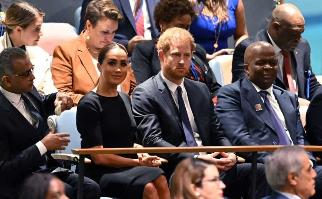 Prince Harry (R) and Meghan Markle (L), the Duke and Duchess of Sussex, attend the UN General Assembly on Nelson Mandela International Day Prince Harry (R) and Meghan Markle (L), the Duke and Duchess of Sussex, attend the UN General Assembly on Nelson Mandela International Day