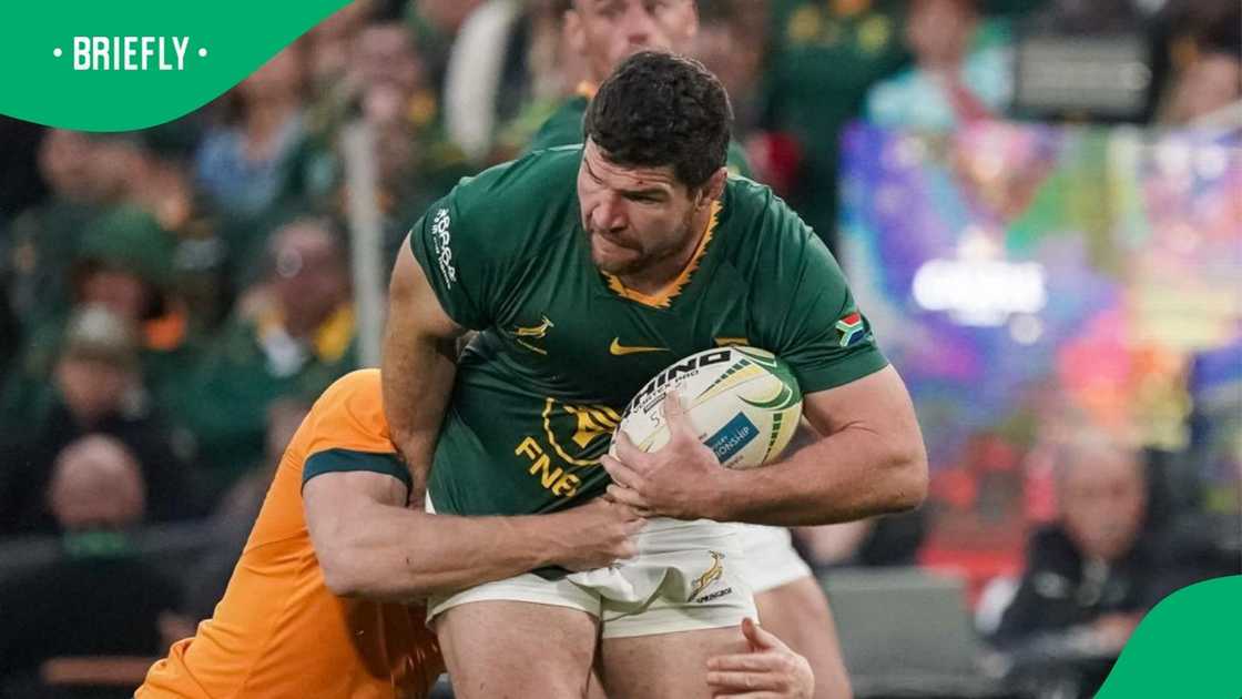 Marco van Staden fights for every metre as he’s tackled by Australia in the Castle Lager Rugby Championship at Emirates Airline Park.