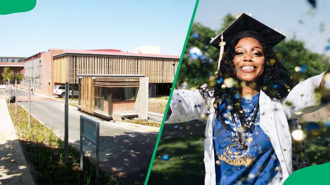 UNISA campus and a female graduate celebrating UNISA campus and a female graduate celebrating