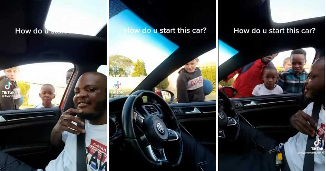 A group of young dudes admired a guy's VW. A group of young dudes admired a guy's VW.