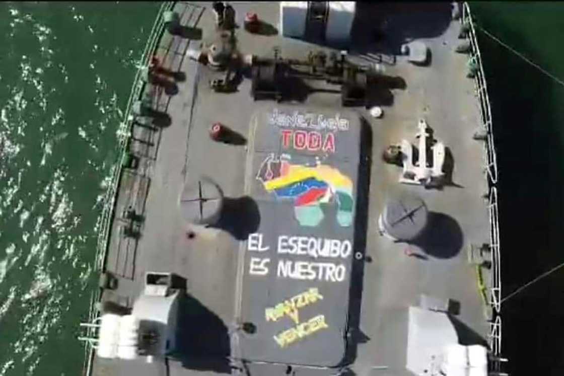 A Venezuelan frigate taking part in military exercises in 2023 is adorned with a pro-Essequibo message