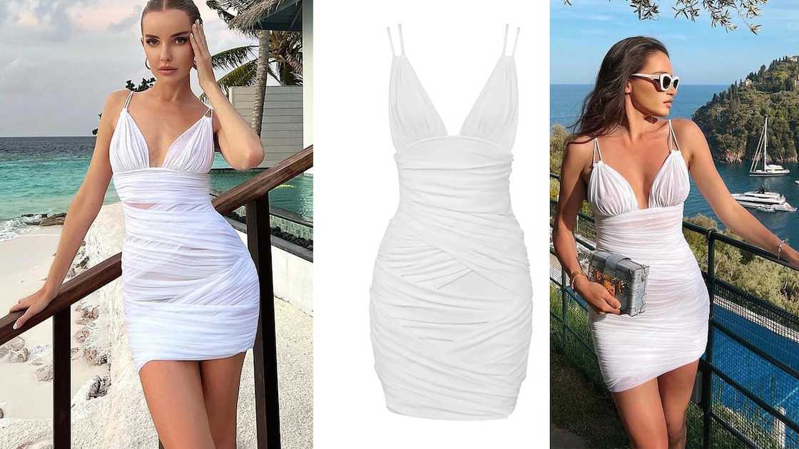 Strappy ruched mesh mini with deep V-neckline Strappy ruched mesh mini with deep V-neckline