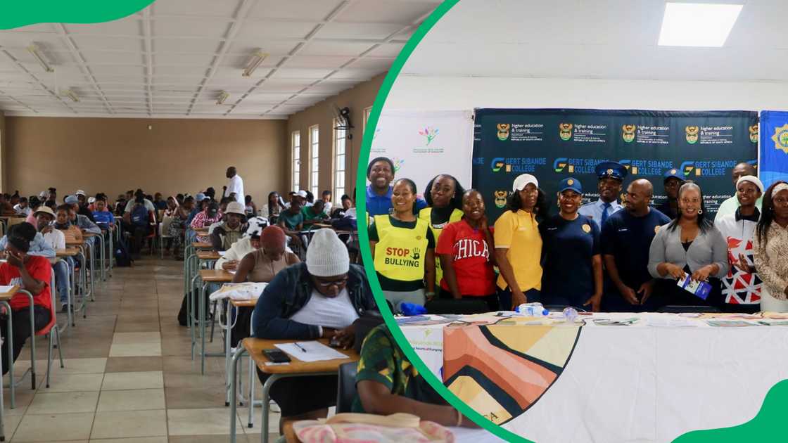 Gert Sibande College students sitting for an exam and staff members posing for a picture in front of a Gert Sibande College banner Gert Sibande College students sitting for an exam and staff members posing for a picture in front of a Gert Sibande College banner