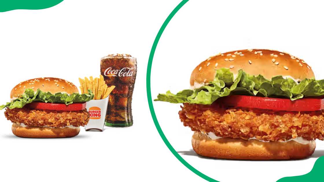 A BK burger with fries and a Coca-Cola and an up-close of a BK burger A BK burger with fries and a Coca-Cola and an up-close of a BK burger