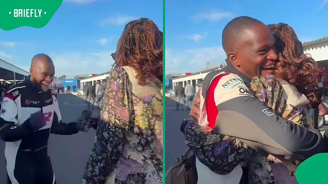Race car driver's cool persona disappears when mum surprises him at the track Race car driver's cool persona disappears when mum surprises him at the track