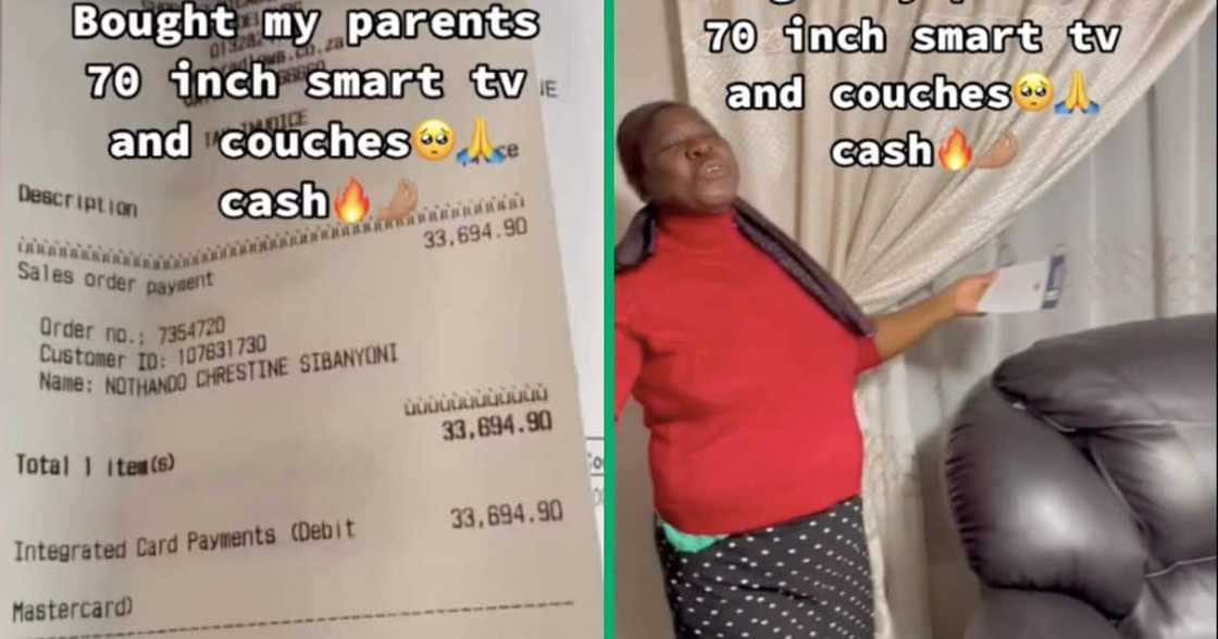A woman bought her parents a smart TV and new couches A woman bought her parents a smart TV and new couches