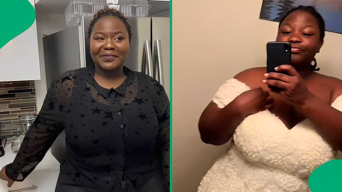 A TikTok video shows a woman unveiling her weight loss journey.