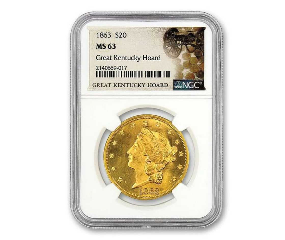 This handout image from GovMint.com shows an 1863 $20 Gold Liberty coin found in a Kentucky cornfield This handout image from GovMint.com shows an 1863 $20 Gold Liberty coin found in a Kentucky cornfield