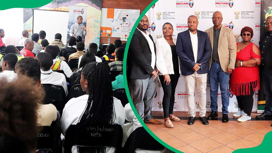 Coastal KZN TVET College students during a lecture and the college's staff members standing in front of a college banner Coastal KZN TVET College students during a lecture and the college's staff members standing in front of a college banner