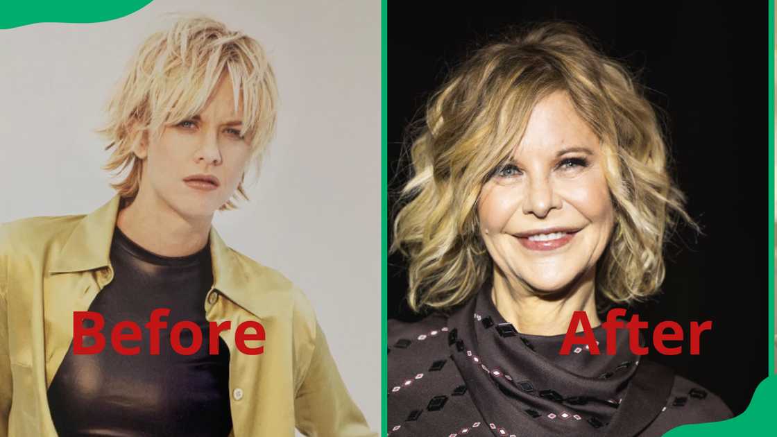Megan Ryan posing in a black top and a brown shirt (L). The actress smiling while wearing a black top (L). Megan Ryan posing in a black top and a brown shirt (L). The actress smiling while wearing a black top (L).