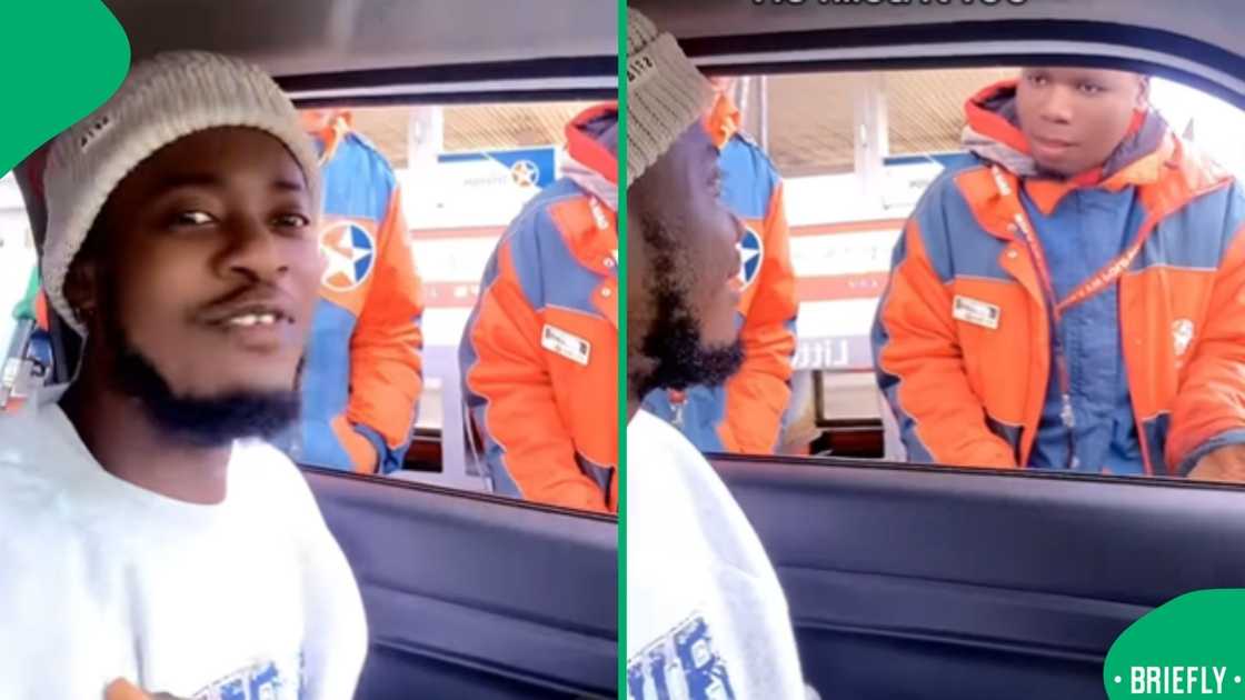 The petrol attendant on the right explaining how he heard the request