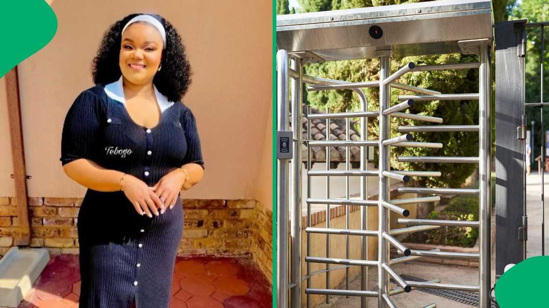 A woman saw a turnstile in someone's front garden. A woman saw a turnstile in someone's front garden.