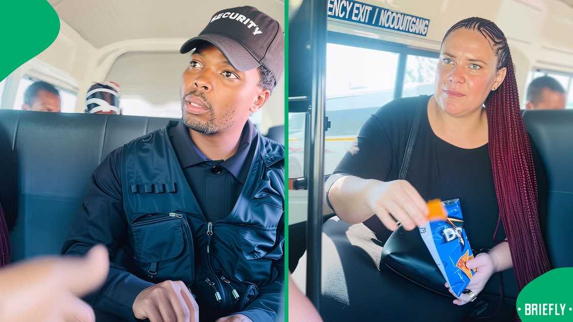 The driver was firm while speaking to the man who was eating popcorn, but when he had to speak to the lady next to him, it was a different case