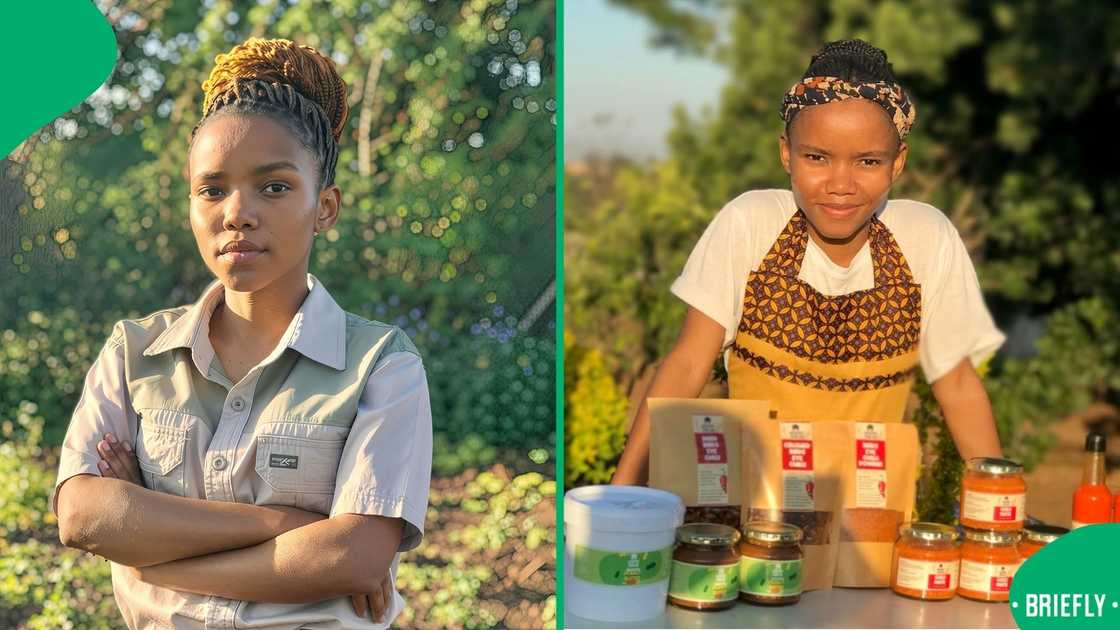 The woman produces peanut butter and chillies, which she makes with products she produces