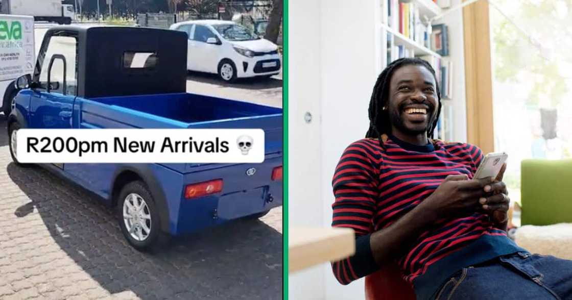 An electric car which allegedly costs R200 per month and a man laughing with his phone. An electric car which allegedly costs R200 per month and a man laughing with his phone.