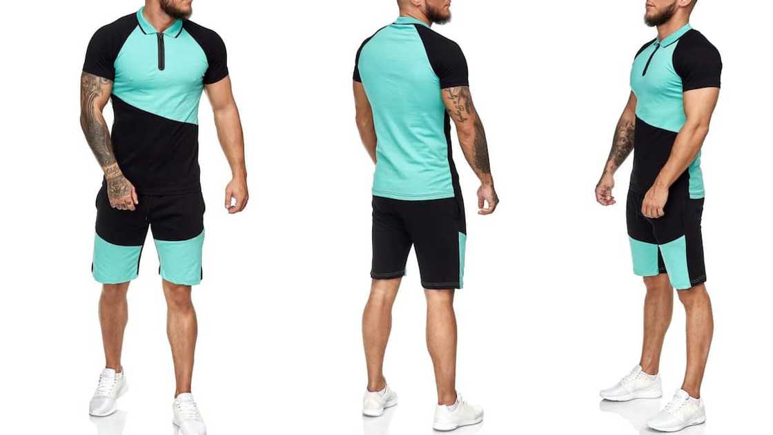 Black and green collared polo shirt and shorts ensemble