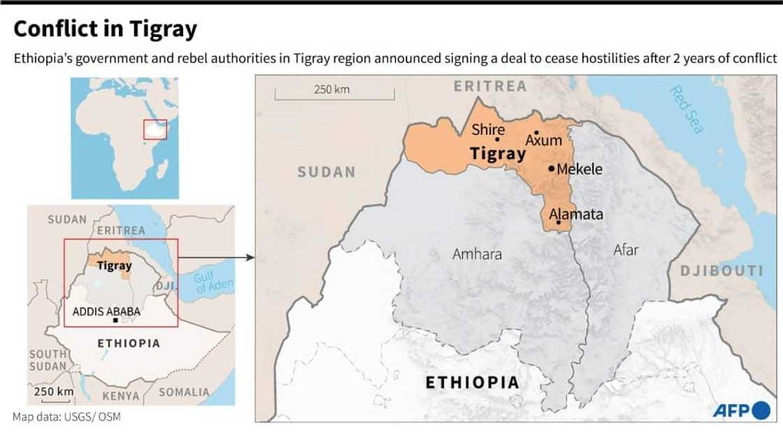 Map locating Tigray region and neighbouring Afar and Amhara in Ethiopia