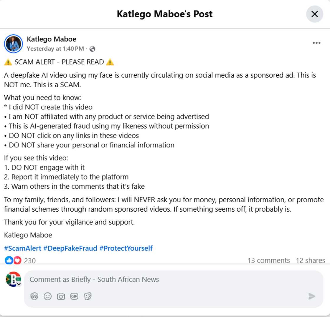 Katlego Maboe has warned against a scam. Katlego Maboe has warned against a scam.