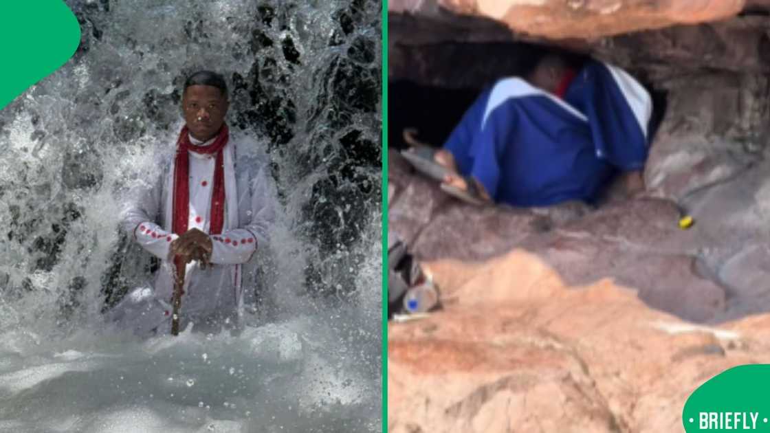 The visual on the right showed the pastor entering a small cave in Modimolle