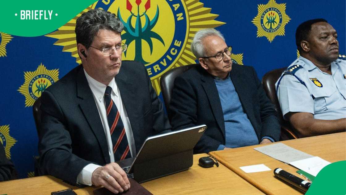Deputy Minister of Justice and Constitutional Development, Andries Nel, Acting Minister of Police, Firoz Cachalia, and National Police Commissioner, General Fannie Masemola