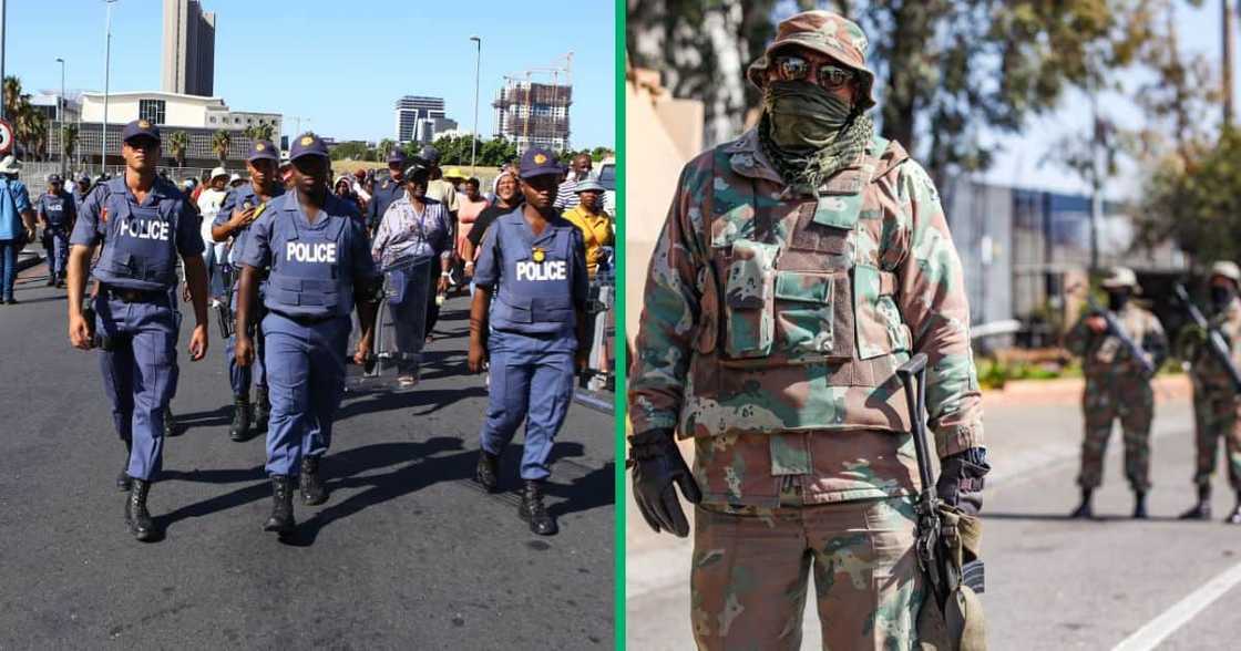 Police officers marching during the 2023 State of the Nation Address, and SANDF soldiers stationed outside Ndofaya Mall Police officers marching during the 2023 State of the Nation Address, and SANDF soldiers stationed outside Ndofaya Mall