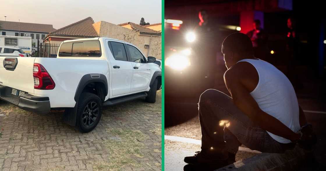 Collage image of a hijacked Toyota Hilux and a man arrested