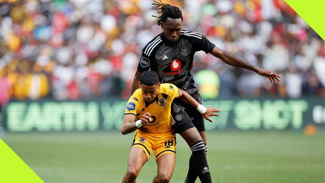 Olisa Ndah battle for the ball with Dillan Solomons during the Premier Soccer League match between Orlando Pirates and Kaizer Chiefs at the FNB Stadium in Johannesburg on March 9, 2024. Photo: Phill Magakoe.