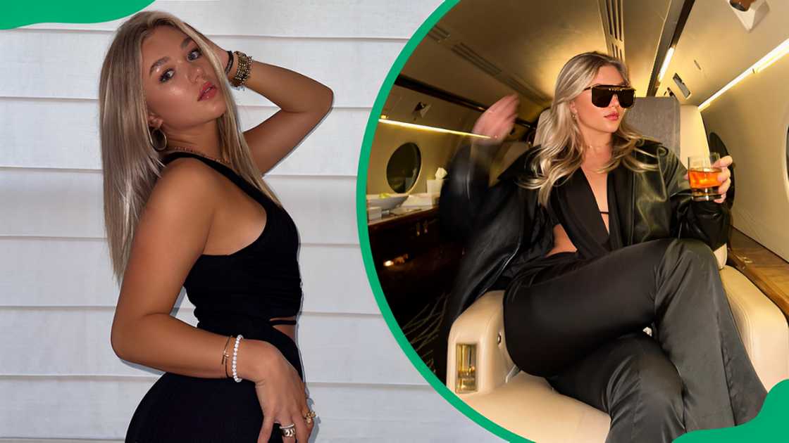 Katie Sigmond posing with one hand on the hip (L). The TikTok star posing while holding a glass (R).