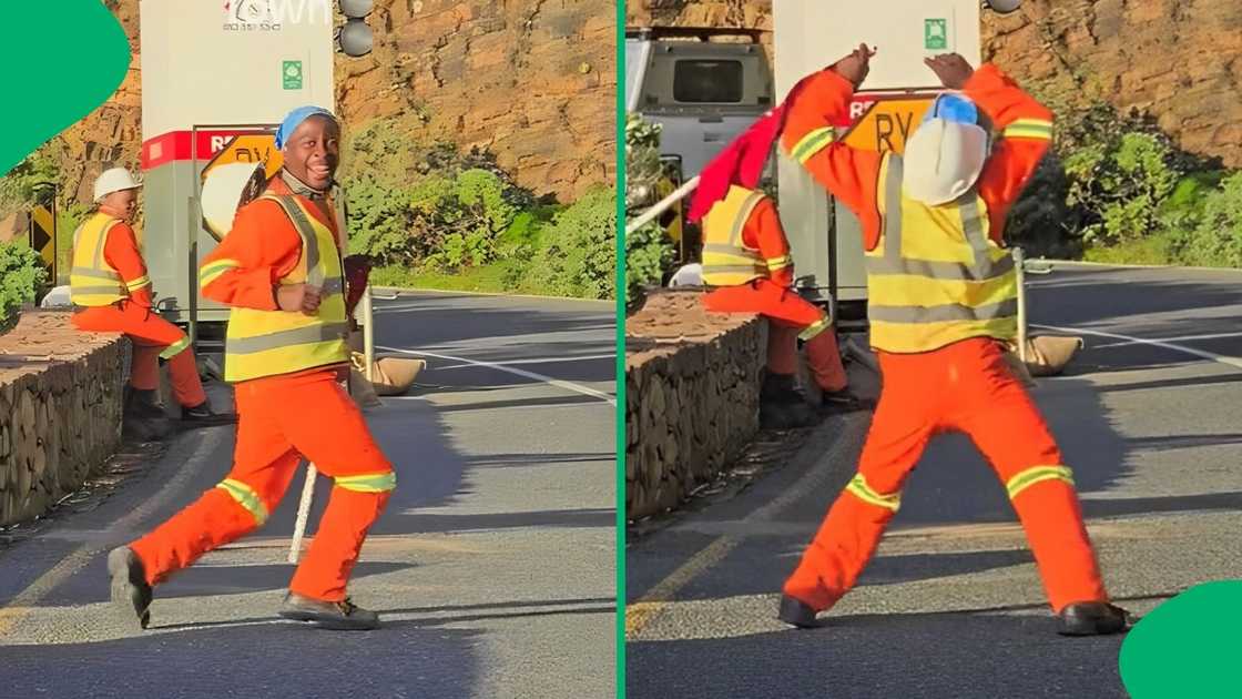 A road worker showed off his dance moves. A road worker showed off his dance moves.