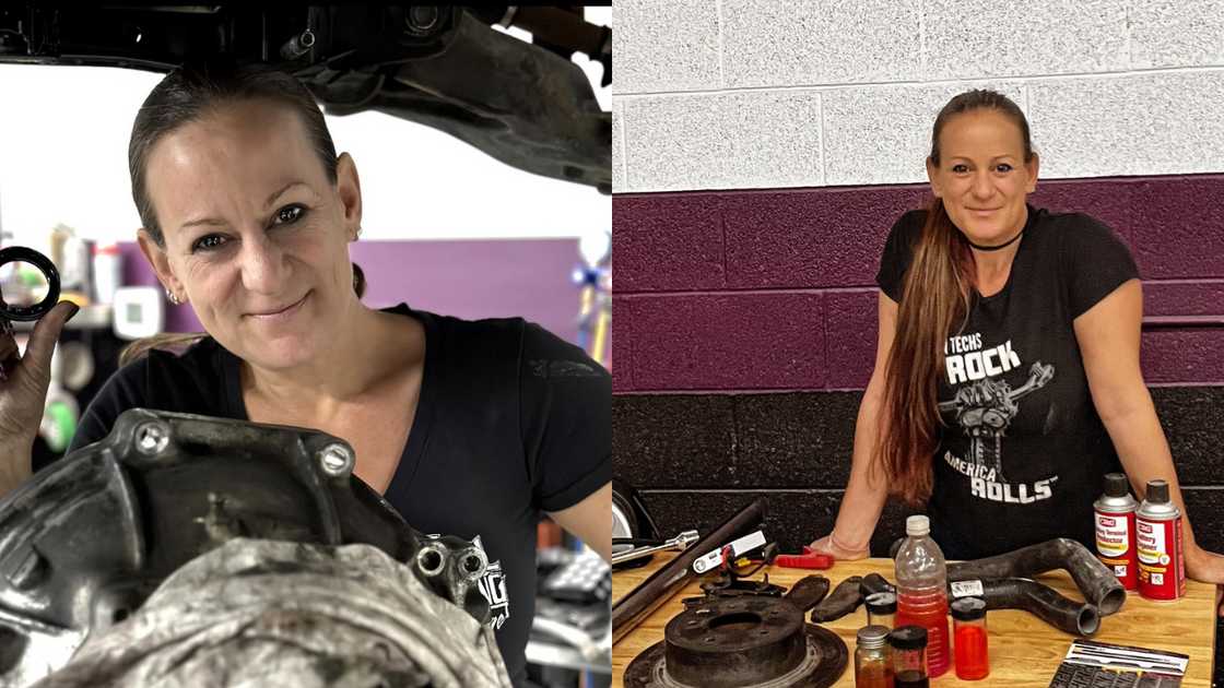 Sarah Bogi Lateiner is pictured in black tees (L and R) at work