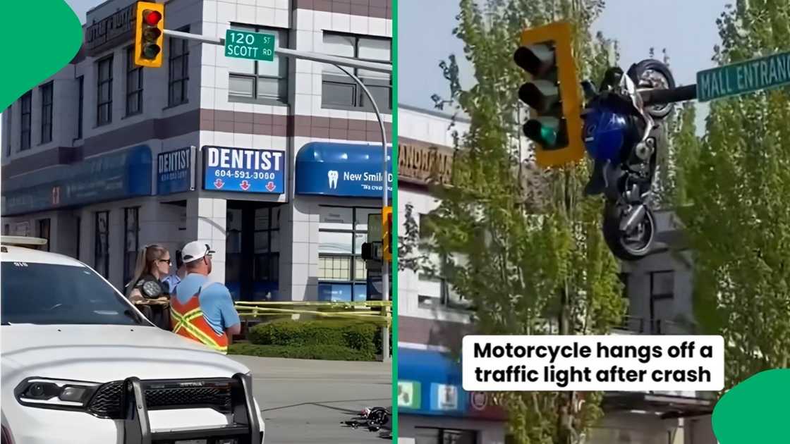 The motorcycle was seen wedged into a set of overhead traffic lights following a high-speed crash The motorcycle was seen wedged into a set of overhead traffic lights following a high-speed crash