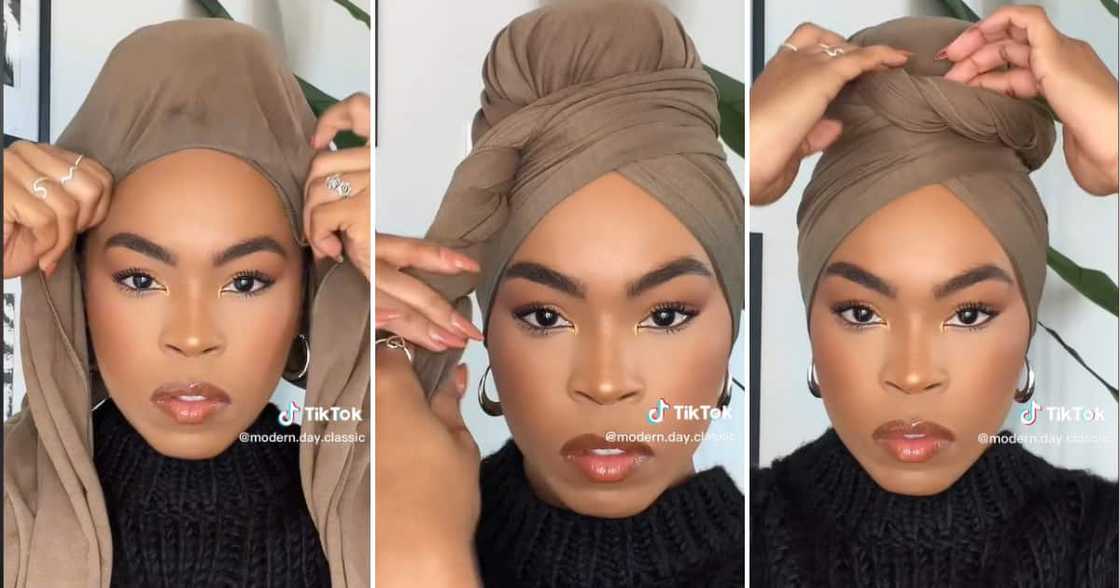 Lady ties headscarf in a pretty way Lady ties headscarf in a pretty way