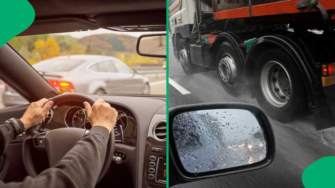 A motorist on the road driving next to a truck. A motorist on the road driving next to a truck.