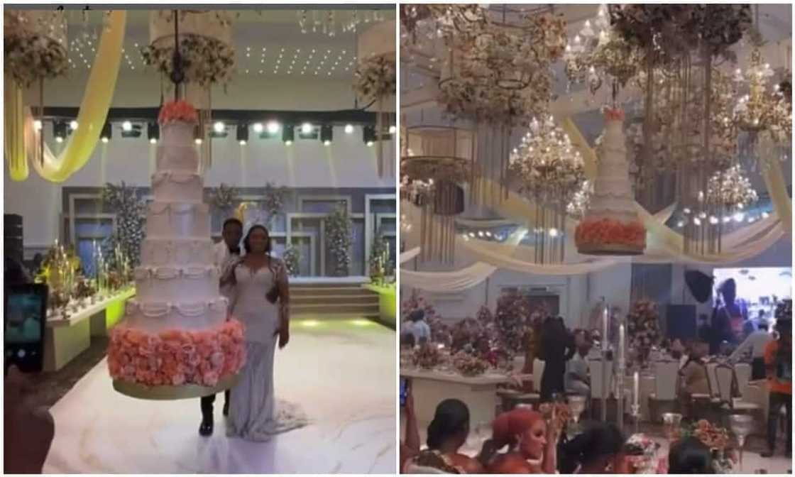 A couple was able to thrill the guests at their wedding when they cut a cake that stood on nothing. A couple was able to thrill the guests at their wedding when they cut a cake that stood on nothing.