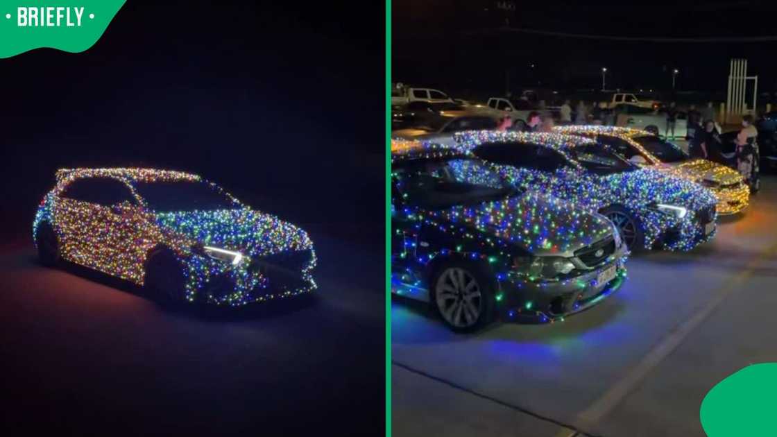 Cars covered in Christmas lights. Cars covered in Christmas lights.