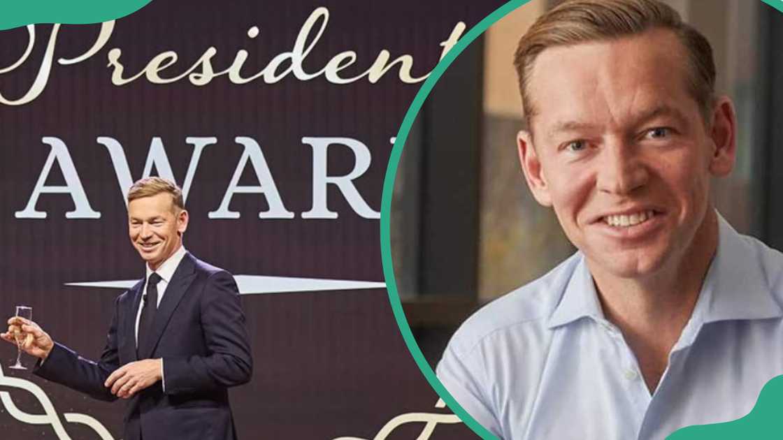 Chris Kempczinski celebrating the President Award and in a close up with a blue shirt Chris Kempczinski celebrating the President Award and in a close up with a blue shirt