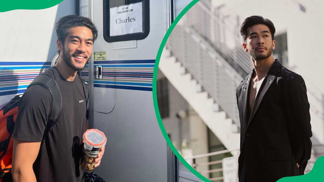 Justin Chien in a casual setting, smiling cheerfully (L). The actor in a sleek black suit jacket (R)