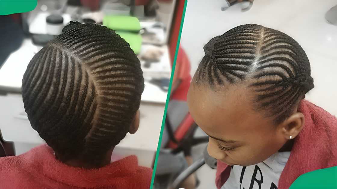 A woman with well-patterned cornrows and a clean finish. A woman with well-patterned cornrows and a clean finish.