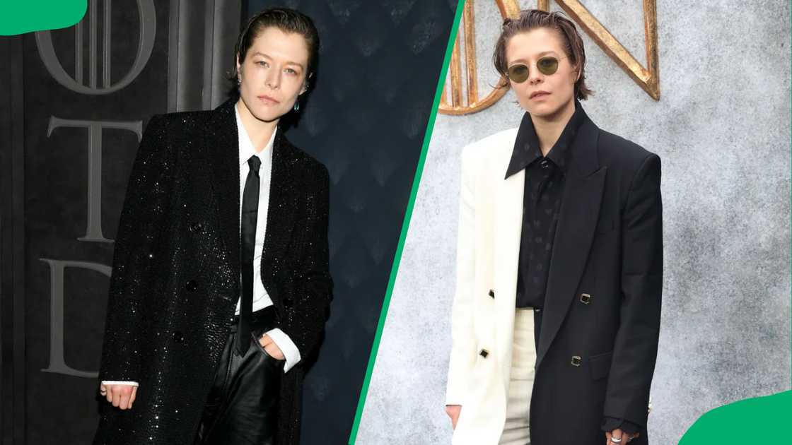 Emma D'Arcy wearing men's fashion to celebrity events Emma D'Arcy wearing men's fashion to celebrity events