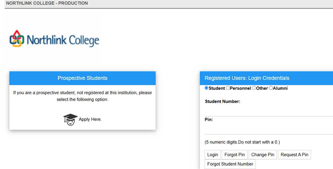 The Northlink College application portal homepage