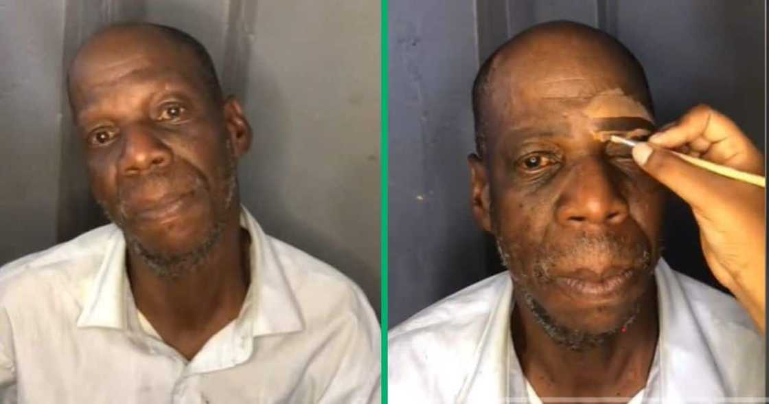 Woman does man's akeup in TikTok video. Woman does man's akeup in TikTok video.