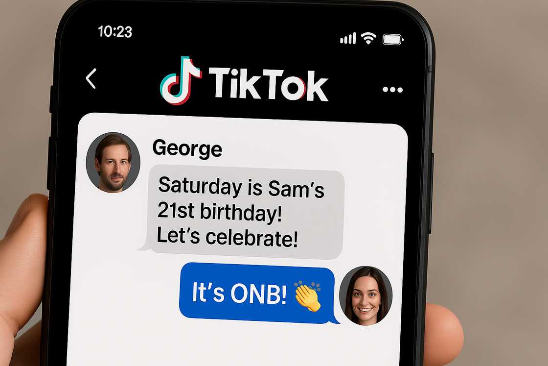A chat in TikTok messenger showing the ONB meaning on TikTok A chat in TikTok messenger showing the ONB meaning on TikTok