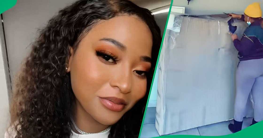 A TikTok video shows a woman unveiling the headboard she bought from Takealot. A TikTok video shows a woman unveiling the headboard she bought from Takealot.