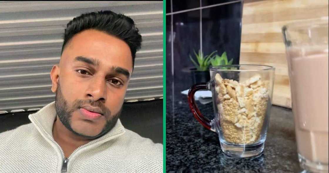 A man eats biscuits by crushing them and pouring tea into them to make a mix A man eats biscuits by crushing them and pouring tea into them to make a mix